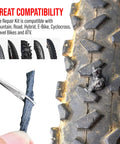Tubeless Bike Tire Repair Kit for MTB and Road Bikes with plug being inserted into a bicycle tire for sealing leaks.