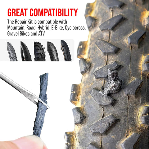 Tubeless Bike Tire Repair Kit for MTB and Road Bikes with plug being inserted into a bicycle tire for sealing leaks.