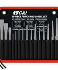 16-piece punch and chisel set in storage pouch with tapered punches, cold chisels, center punches, chrome vanadium steel build.