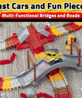 Snap Trax Construction Race Track Set For Kids with yellow LED car on bridge, red and yellow tracks, 251 Piece STEM Building Toys