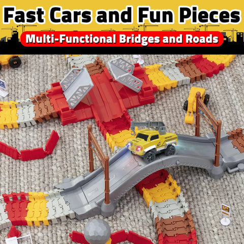 Snap Trax Construction Race Track Set For Kids with yellow LED car on bridge, red and yellow tracks, 251 Piece STEM Building Toys