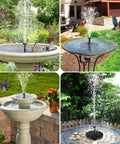 Collage of 6W Outdoor Solar Bird Bath Fountain Pump with 4Ft Tubing and 5 Nozzles in various garden setups, glass panel upgrade