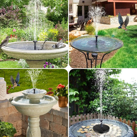 Collage of 6W Outdoor Solar Bird Bath Fountain Pump with 4Ft Tubing and 5 Nozzles in various garden setups, glass panel upgrade