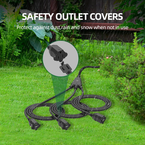 Outdoor Extension Cord With 1 To 3 Splitter Outlets, 25 Ft Waterproof Power Cord with safety cover shown on grass under rain.