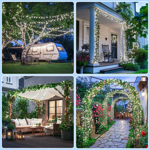 Outdoor scenes with 2 Pack Outdoor Solar String Lights with 400 LEDs illuminating trees, porches, gazebos, and pathways.