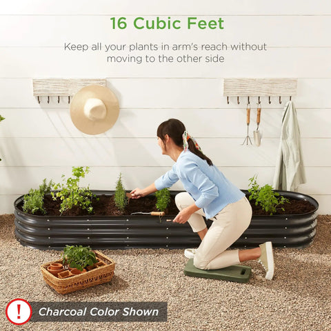 Woman gardening with Oval Outdoor Metal Raised Garden Bed With 12 Inch Deep Planter For Veggies Herbs Flowers, Charcoal Color