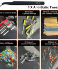 Massive 1400Pcs Electronics Component Kit with transistors, LED diodes, resistors, capacitors, diodes, tweezers.