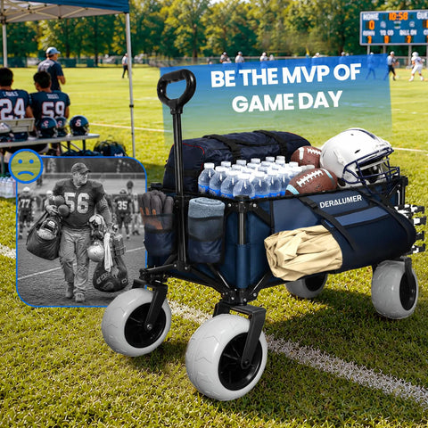 Beast Heavy Duty Beach Wagon With 9x4 All Terrain Sandproof Wheels, 300L Oversized Foldable Cart And Side Bag in a sports field