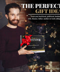 Man holding gift-wrapped Ultimate Home Bar Mixology Kit With Stand 15 Piece Silver Bar Tool Set for Crafting Dope Cocktails at Home.