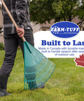 Man holding Extra Wide 24 Inch Leaf And Lawn Rake With 48 Inch Hardwood Handle for Quick Yard Cleanup on grass