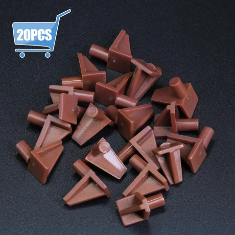 Straight Up Heavy Duty Brown Plastic Shelf Pegs 20 Count Offering Five Millimeter Diameter And Eight Millimeter Length For Bookcase Cabinet Hardware Plus Cupboard Shelves No Sweat Setup, brown pegs arranged.