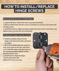 Instructions on installing hinge screws with a person using a drill, emphasizing steps for using Flat Head Phillips Satin Nickel Wood Screws 9 X 3 Inch Built To Last For Doors Cabinets Furniture And DIY Projects 24 Pack With Flush Finish And Easy Install For Precise Door Alignment