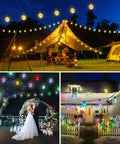 30Ft G40 LED Outdoor String Lights With 24 Color Changing Options And 128 Modes Dimmable illuminated at various events at night.