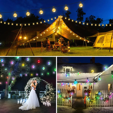 30Ft G40 LED Outdoor String Lights With 24 Color Changing Options And 128 Modes Dimmable illuminated at various events at night.