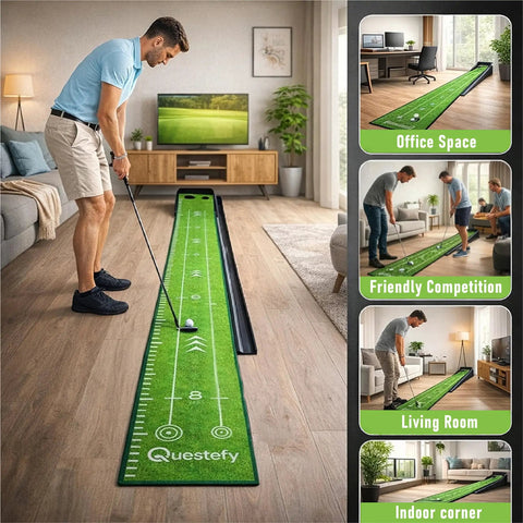 Indoor Putting Green With Auto Ball Return Wrinkle Free Golf Mat in a living room, showing alignment markings and non-slip surface.