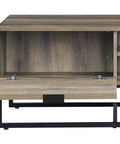 Heavy Duty Farmhouse Coffee Table With Storage Door And Two Open Shelves Industrial Rustic Cocktail Center Table For Living Room featuring open storage compartment.