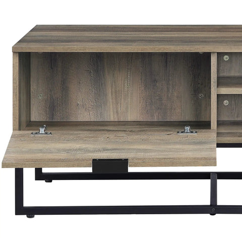 Heavy Duty Farmhouse Coffee Table With Storage Door And Two Open Shelves Industrial Rustic Cocktail Center Table For Living Room featuring open storage compartment.