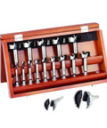 Premium 16 Piece Forstner Bit Set With Sturdy Wooden Case, 3/8 Inch Shanks, displayed in a wooden case with assorted sizes.
