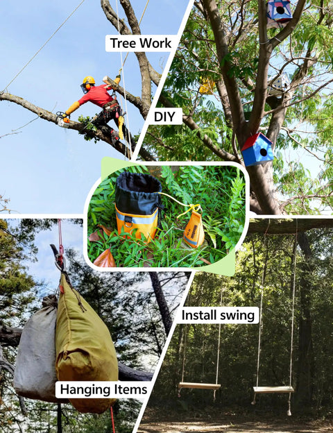 Ultra Slick Arborist Throw Line Kit With 164ft High Strength Rope Reinforced Throw Weight in use for various tree tasks