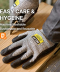 Level 5 Cut Resistant Work Gloves Cru553 in action on wooden surface, showcasing grey color and 3D comfort fit, size M, 1 pair