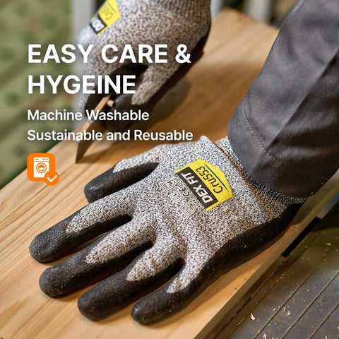 Level 5 Cut Resistant Work Gloves Cru553 in action on wooden surface, showcasing grey color and 3D comfort fit, size M, 1 pair