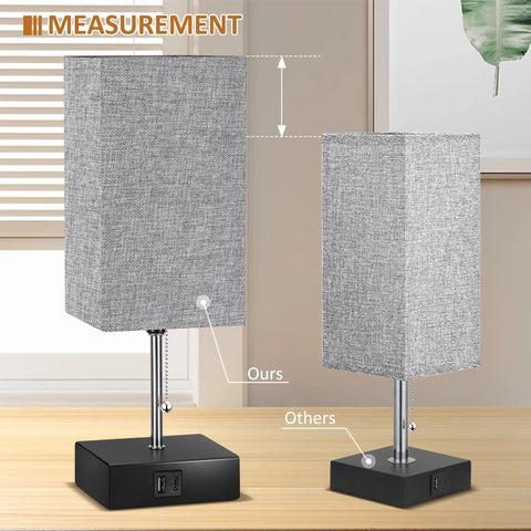Gray Bedside Table Lamp With USB C And USB A Ports Three Color Temperature Settings For Warm Neutral And Daylight Ambience Ideal Nightstand Desk Light With Pull Chain And Bulb Included showing size comparison with another lamp.