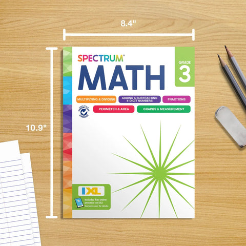 Third Grade Math Workbook for Kids Ages 8 To 9 Master Multiplication Division Fractions Addition And Subtraction shown with pencils and eraser