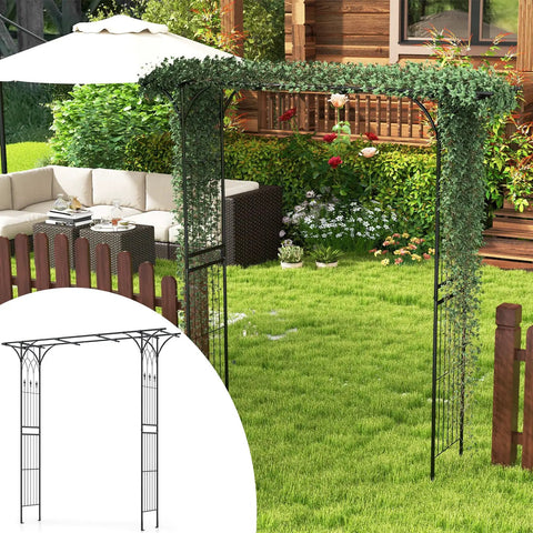 81 Inch Garden Arch Metal Arbor For Climbing Plants, in backyard with greenery, easy ground insertion visible in 3D diagram