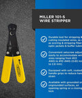 101 S Adjustable Wire Stripper for Electricians and Tech Pros shown with yellow grips and adjustable cutting mechanism, on textured surface.