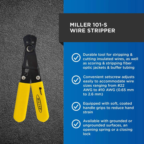 101 S Adjustable Wire Stripper for Electricians and Tech Pros shown with yellow grips and adjustable cutting mechanism, on textured surface.