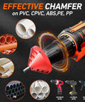 2-in-1 inner-outer PVC deburring chamfer tool on cordless drill; for PVC/CPVC/ABS/PE/PP pipe, OD 0.92–3.89 in, ID 0.75–3.5 in