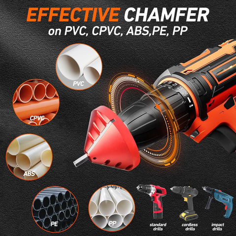2-in-1 inner-outer PVC deburring chamfer tool on cordless drill; for PVC/CPVC/ABS/PE/PP pipe, OD 0.92–3.89 in, ID 0.75–3.5 in