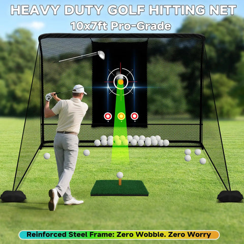 Golfer using 10x7ft Golf Hitting Practice Net for Real Golf Balls, Heavy Duty Driving Cage With Reinforced 7-Layer Mesh and Mat