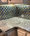 Kitchen backsplash with Dope Glass Mosaic Tile Iridescent Blue Purple Gold Textured Chrome Metallic Backsplash Sheet