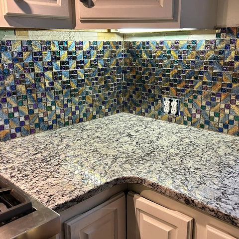 Kitchen backsplash with Dope Glass Mosaic Tile Iridescent Blue Purple Gold Textured Chrome Metallic Backsplash Sheet