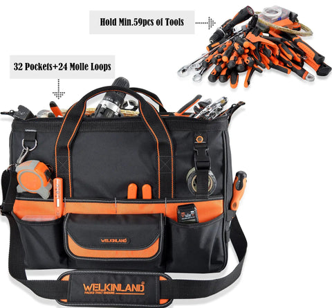 20 Inch Electrician Tool Bag Pro Grade Beast Heavy Duty Tote With 32 Pockets And Big Mouth Opening shown with tools