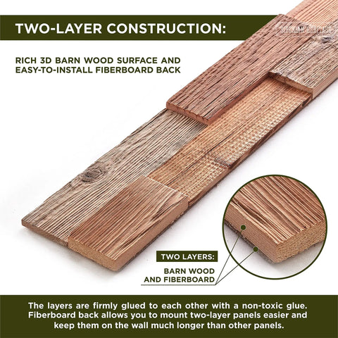 Close-up of Weathered Siberian Pine Wall Panels Kit with 12 Reclaimed Shiplap Boards, showing two-layer construction detail.
