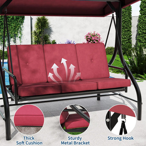 Three Seat Go To Outdoor Patio Swing With Adjustable Canopy And Backrest Thickened Removable Cushions Converts To Bed Comfy