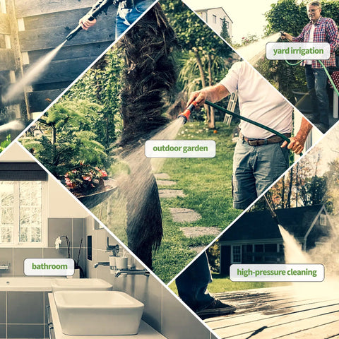 Collage of garden hose usage in yard irrigation, outdoor garden, bathroom, and high-pressure cleaning scenarios