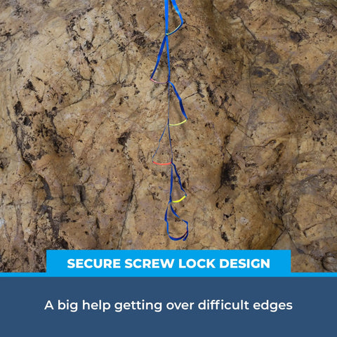 Four Step Nylon Aider Ladder With Tubular Webbing for Tree Work Rock Climbing shown hanging on rocky surface