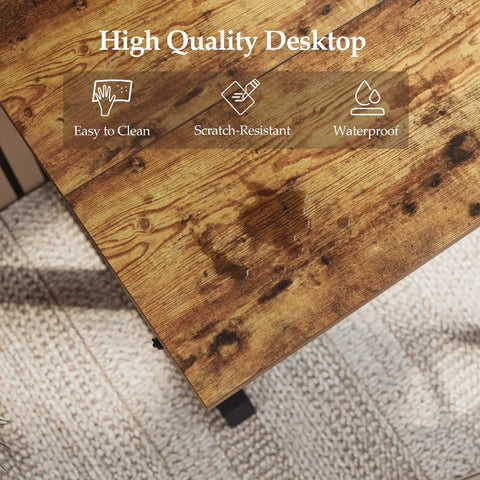 Top view of rustic brown finish Electric Standing Desk 48 Inch Height Adjustable Sit Stand Desk with water droplets on scratch-resistant surface.