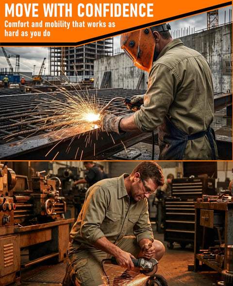 Men's Tough As Nails Flame Resistant Work Shirt Cut From 6.5oz 100 Percent Cotton Twill With Water Repellent Finish UL Certified NFPA 2112 CAT 2 worn during welding.