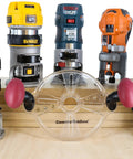 Dead Nuts Universal Compact Router Sub Base Quick Adjust Plate with trim routers and handles on wooden surface.