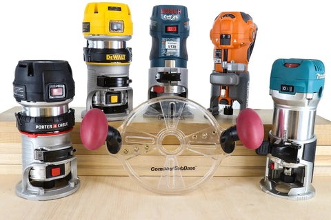 Dead Nuts Universal Compact Router Sub Base Quick Adjust Plate with trim routers and handles on wooden surface.