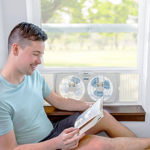 Manual Window Fan With Dual 3 Blade Fans Reversible Intake And Exhaust Multispeed Control Expandable Side Panels