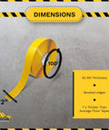 Built Like A Rock 5S Floor Marking Tape Yellow 6 Inch Wide 100 Foot Roll showing dimensions and thickness on a concrete surface.
