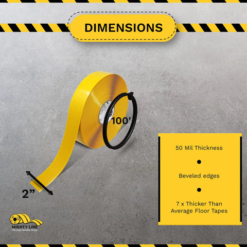 Built Like A Rock 5S Floor Marking Tape Yellow 6 Inch Wide 100 Foot Roll showing dimensions and thickness on a concrete surface.