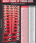Red metal bolt thread gauge by Amazon with 30 standard and 26 metric sizes, wall-mountable with inch/cm ruler.