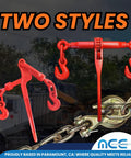 Two styles of heavy duty lever snap binders for flatbed trailers, one half to five eighths inch grade seventy transport chains.