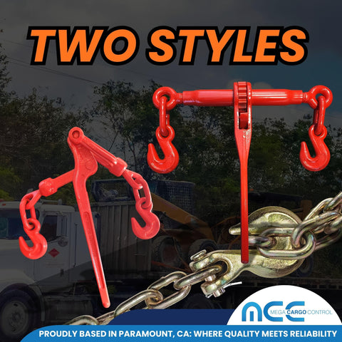 Two styles of heavy duty lever snap binders for flatbed trailers, one half to five eighths inch grade seventy transport chains.